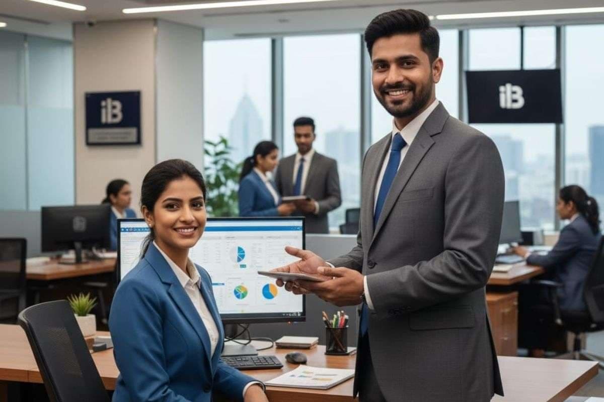 Banking professionals reviewing financial data in a modern office.